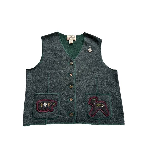 Vtg WOOLRICH Sweater Vest Size L 100% Lambswool Academia Gray/Green & BROOCH E25 - Picture 1 of 13